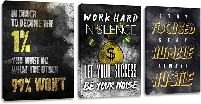 Halioyo Inspirational Wall Art, 3 Panel Black Gold Motivational Painting Picture, Entrepreneur Office Success Canvas Prints for Workplace Living Room Bedroom(60" W x 28 H), Ready to Hang