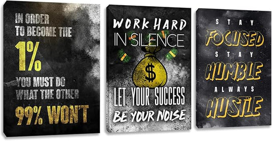 Halioyo Inspirational Wall Art, 3 Panel Black Gold Motivational Painting Picture, Entrepreneur Office Success Canvas Prints for Workplace Living Room Bedroom(60" W x 28 H), Ready to Hang