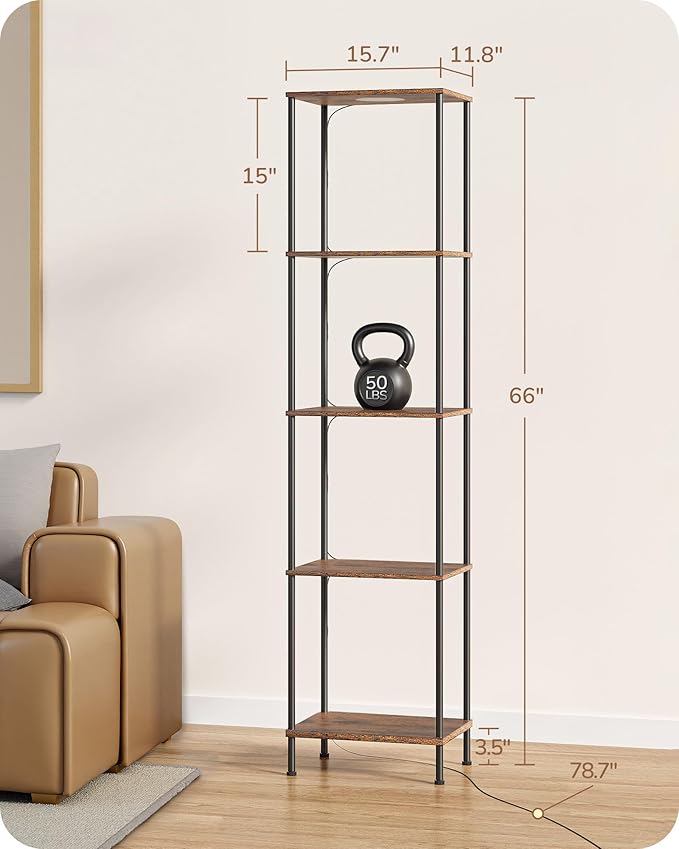 EDISHINE RGBW Standing Lamp, 5-Tier Display Shelf with Light, Adjustable Brightness & Color Temperature, 3 Lighting Modes, Remote Control, Stable Floor Lamps for Living Room, Fire-Burned Wood Color