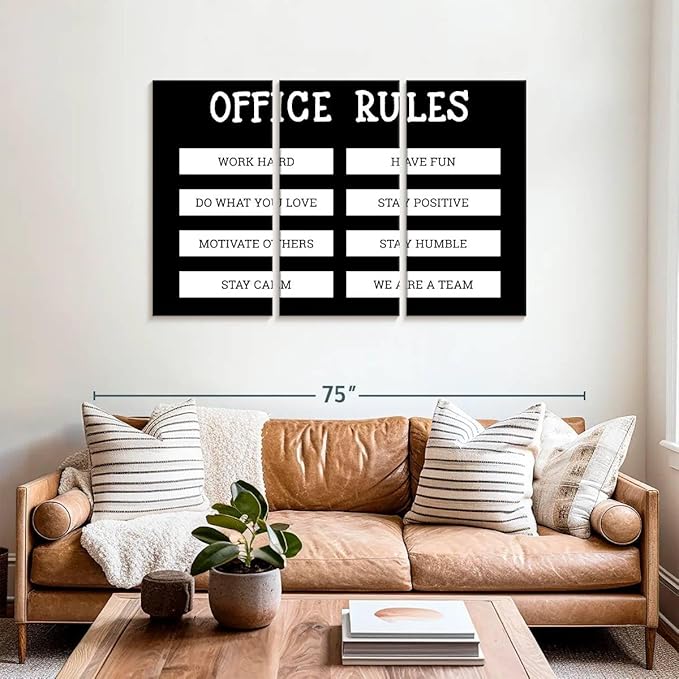 Elephant Stock - Office Rules Wall Art - Horizontal Multi Panel Canvas - 3 Piece Home Office Wall Decor - Digital Art Motivational Typography Multi Piece Wall Art - Black And White Decor by Cad Designs - 57" x 36"