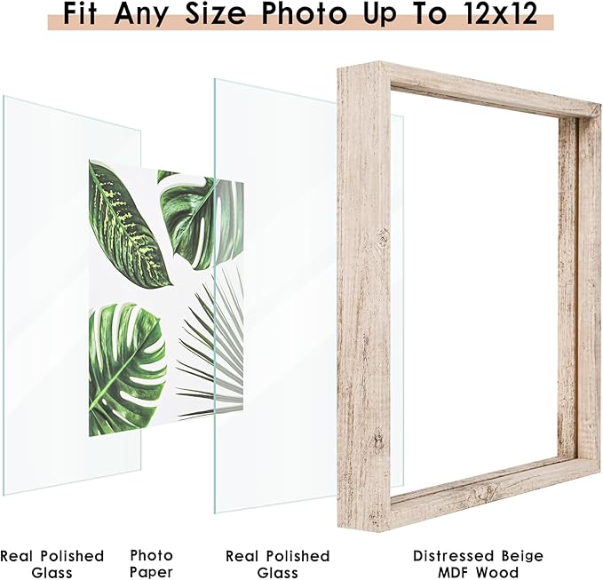 MUYE 12x12 Floating Frame Distressed Beige White Wood Pattern,Double Glass Square Picture Frame Set of 2 Display Any Size Photo up to 12x12,Wall Mount or Tabletop