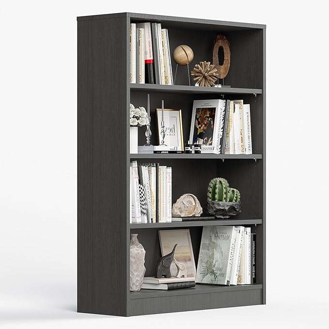 Bookcase Adjustable Storage Shelves,4-Tier Modern Wood Bookcase for Bedroom,48-Inch Bookshelf, Office, Living Room & Library(Crey)