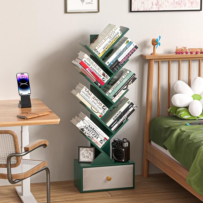 8 Tier Tree Bookshelf with Drawer, Free Standing Wood Green Bookcase for Narrow Space, Storage Organizer Bookshelves for Books, Book Case for Home Office, Living Room, Bedroom