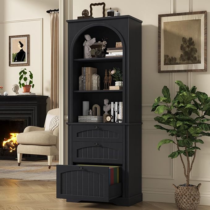 Farmhouse File Cabinet Fits Letter/Legal/A4 Size Hanging File Folders, 3-Tier Floor Standing Bookcase with File Drawer and Open Shelf, Wood Filing Cabinet Printer Stand for Home Office, Black