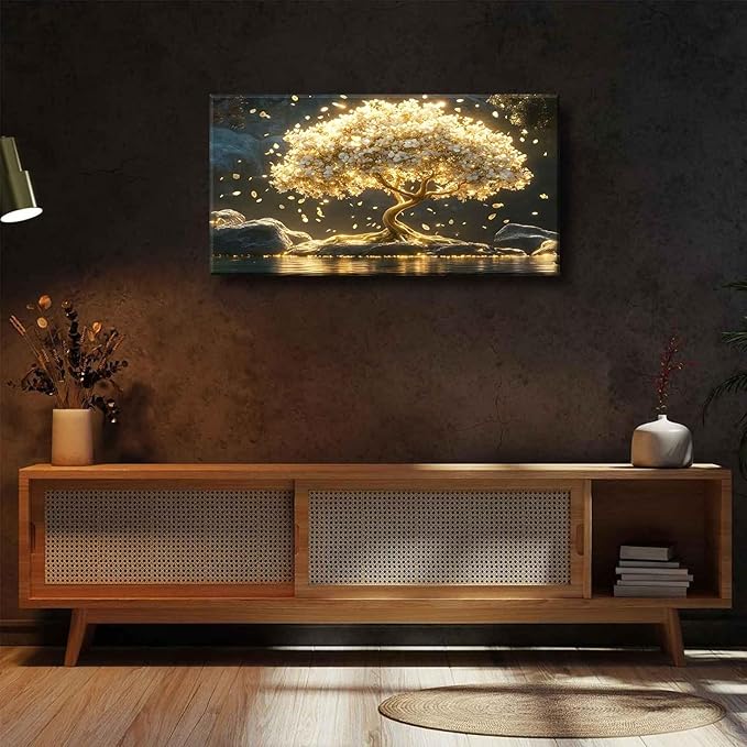 Large Tree of Life Canvas Wall Art Abstract Gold Tree Mountain Lake Decor painting Pictures Nordic Golden White Flowers Posters Prints for living room Bathroom Bedroom Office Hallway Home Decoration
