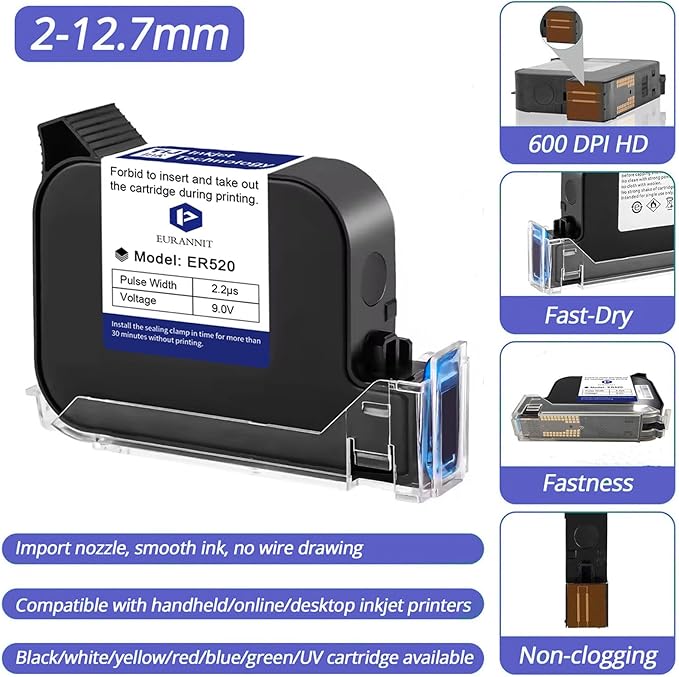 Original Black Ink Cartridge 0.5inch, 42ml Quick Dry Solvent Ink Replacement for 260E Automatic Inkjet Coding Machine