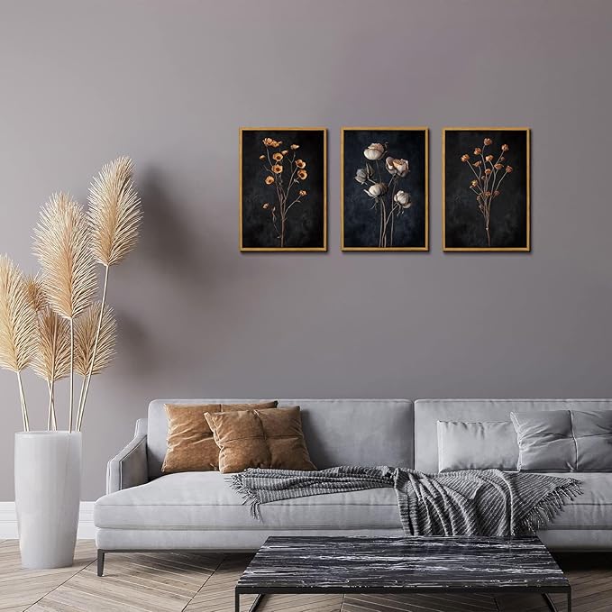 KISSFOX 3 Piece Moody Dried Flower Canvas Wall Art For Bedroom Dark Vintage Floral Framed Wall Art Rustic Aesthetic Botanical Art Prints for Living Room Bathroom,12x16 in