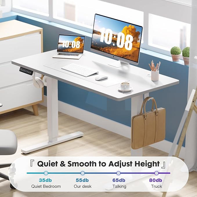 Sweetcrispy Electric Standing Desk Adjustable Height, 40x24 Inch Sit Stand Up Home Office Desks Computer Workstation PC Work Table with 3 Memory Preset Splice Wood Board Metal Frame, White