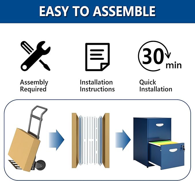 2 Drawer File Cabinet with Lock, Small Filing Cabinet for Home Office, Metal File Cabinet with Drawers for Under Desk, Blue, Assembly Required