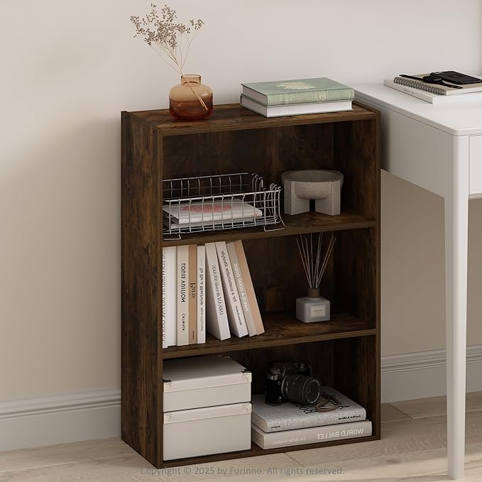 Furinno Simple Book Shelf, 3-Tier Bookshelf, Storage Shelves Bookcase, 9.7 x 23.7 x 31.5, for Living Room, Bedroom, Home Office, Amber Pine
