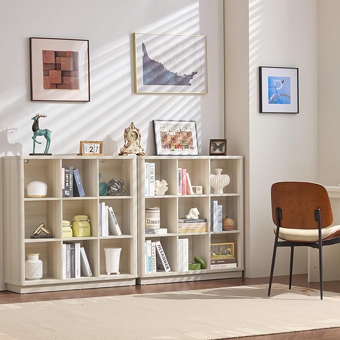 9 Cube Storage Book Shelf, 41" Tall Organizer Bookcase with Curved Edge, Wood Floor Standing 3-Tier Cubby Bookshelf with Base, Vintage Display Book Case for Bedroom,Office,White-Grey Cream Oak