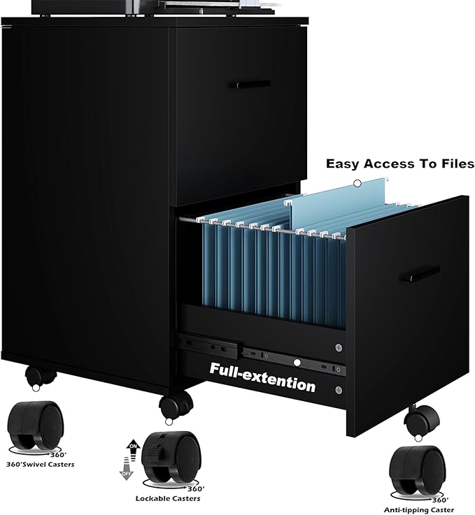 Panana 2 Drawer Mobile File Cabinet, Wood Rolling Filing Cabinet Printer Stand Under Desk Storage Organizer Fits Letter Size File Folders for Home Office (Black)