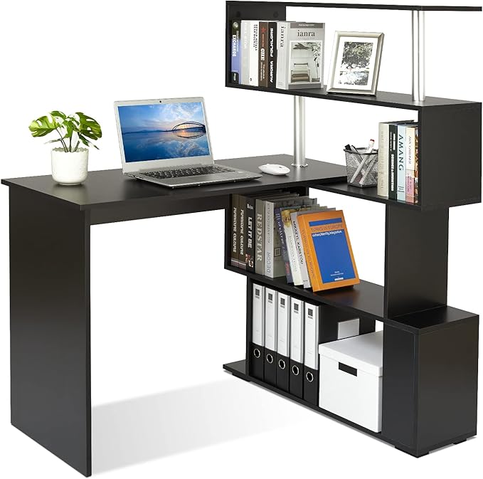 41.7" L Shaped Desk with 4-Tier Storage Shelves, Computer Corner Desk for Study Home Office Living Room (Black)