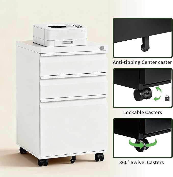 3 Drawer File Cabinet with Lock,Rolling Mobile File Cabinet with Wheels for Home Office,Under Desk Metal Filing Cabinet,Office Storage Organizer,Fully Assembled,White