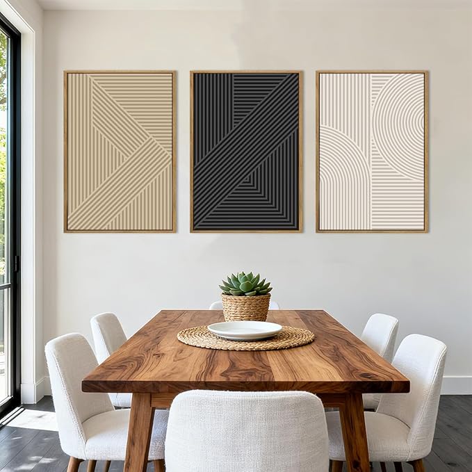 BINCUE Large Neutral Canvas Wall Art,Modern Abstract Framed Wall Art Boho,Mid Century Art Print,Minimalist Wall Painting Geometric,Vintage Beige Artwork for Living Room Bedroom Bathroom Home 16''x24'' Set of 3