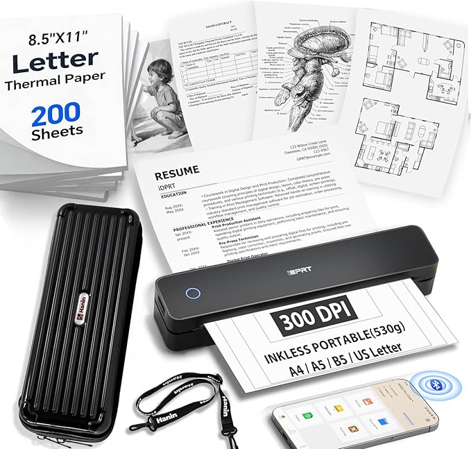Inkless Portable Printer for Travel, Wireless Thermal Printer with 1Case and 200pcs Paper Kit Supports 8.5 x 11" US Letter, A4, 610Pro 300DPI Small Bluetooth Printers for Phone Home Office Car, Black
