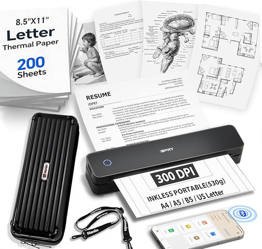 Inkless Portable Printer for Travel, Wireless Thermal Printer with 1Case and 200pcs Paper Kit Supports 8.5 x 11" US Letter, A4, 610Pro 300DPI Small Bluetooth Printers for Phone Home Office Car, Black