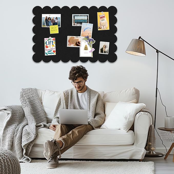 Black Scalloped Felt Bulletin Board - 36 x 24 Inches Large Felt Board Foldable Cork Board Alternative Photo Board Self-Adhesive Vision Board Decorative Pin Board for Wall