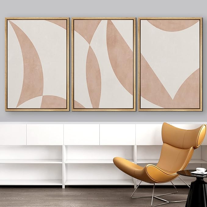 IDEA4WALL Framed Canvas Print Wall Art Set Art Deco Mid-Century Pastel Tan Polygons Abstract Shapes Illustrations Modern Art Contemporary for Living Room, Bedroom, Office - 24"x36"x3 Natural