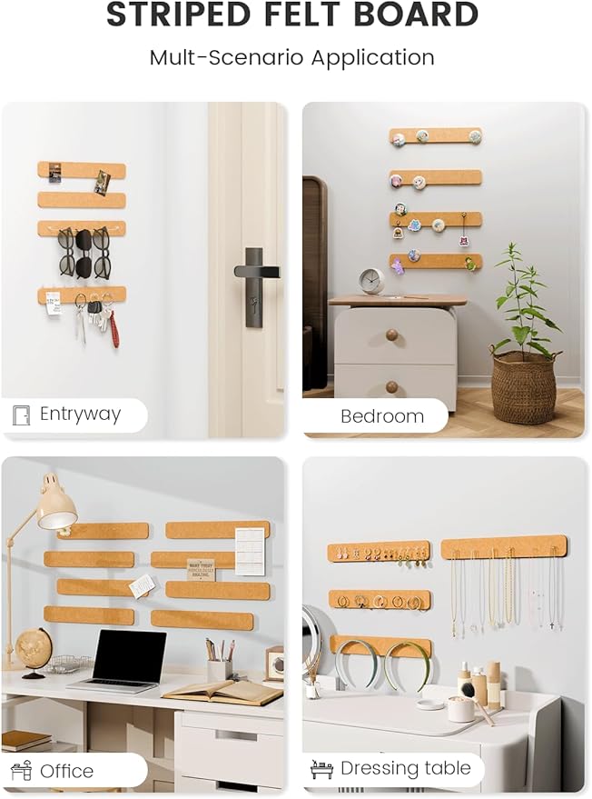 Fluxynara Cork Board Alternative Felt Strip Board 8-Pack 13"x2", Office Pin Board with 50 Push Pins, Adhesive Install for Bedroom Door & Home Office(Sunset Yellow)