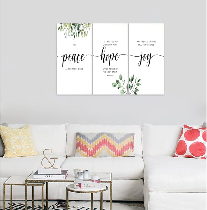 3 Piece Inspirational Wall Art, White Plants Background Picture, Quotes Peace Hope Joy Canvas Print for Home Decor, Triptych Motivational Poster Framed Artwork for Classroom Wall Decor (36" Wx24 H)