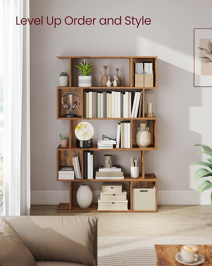 VASAGLE Bookshelf, 5-Tier Bookcase, 9.4 x 35.4 x 62.6 Inches, Storage Shelf with Open Compartments, Modern Style, for Living Room, Bedroom, Office, Rustic Brown ULBC416K01