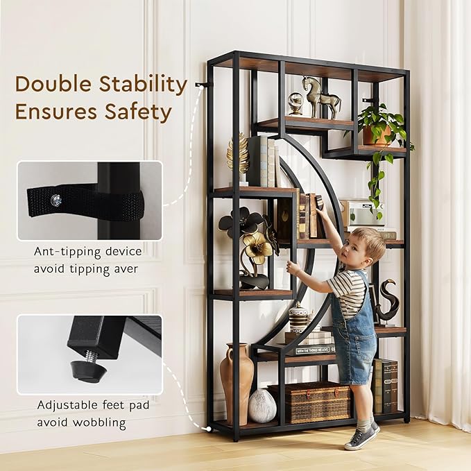 70.8" Tall Bookshelf Set of 2, 79" Wide Geometric Display Shelf with 18 Open Storage Shelves, Etagere Bookcase with Metal Frame – Anti-Tip & Adjustable Feet, Rustic Brown