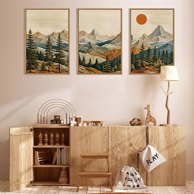 Ausril Boho Woodcut Mountain Framed Canvas Wall Art Set, Woodcut Pine Tree Wall Decor, Brown Wooden Forest Wall Painting, Vintage Mountain Sunrise Art Print for Living Room, Bedroom, Office 16"X24"X3