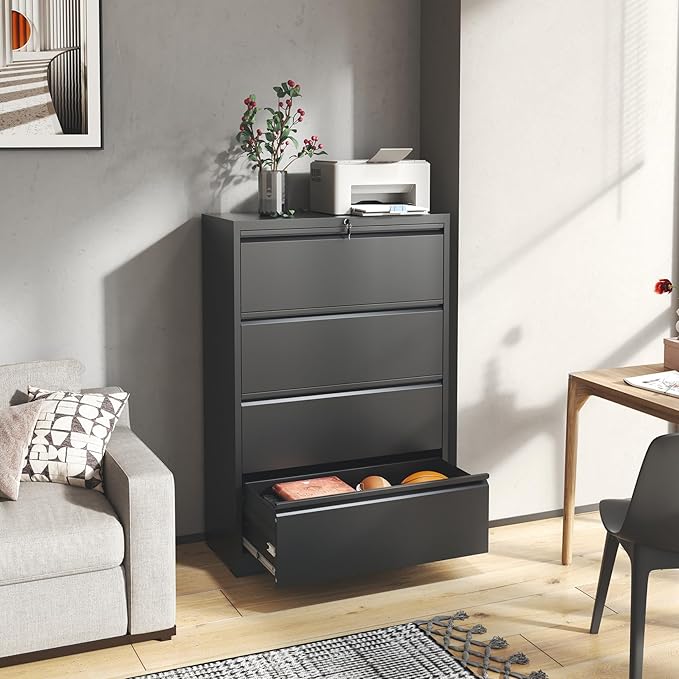 4 Drawer File Cabinet,Metal Lateral Filing Cabinet with Lock,Home Office Storage Organizer Cabinet for Legal/Letter/A4/F4 Size Files,35.5" W,Black