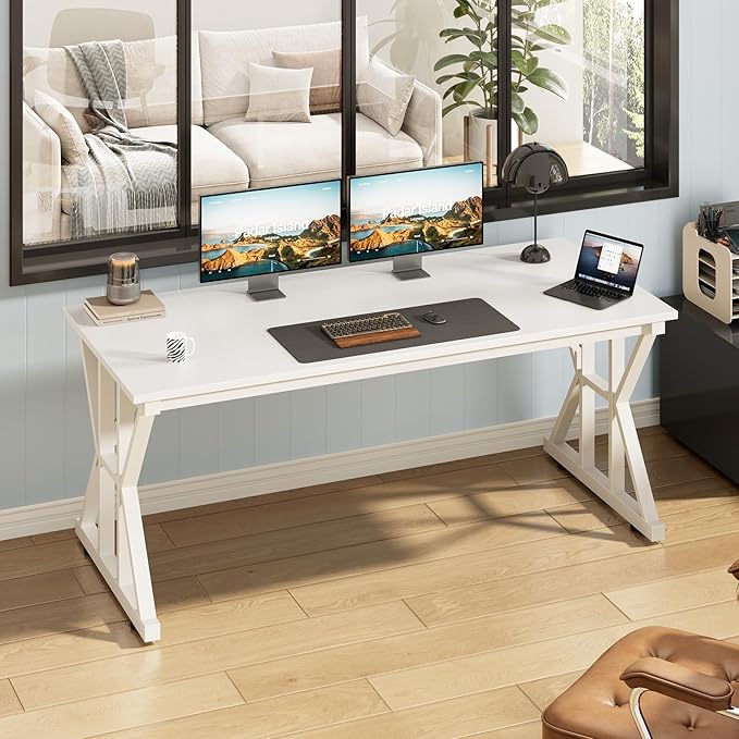TVU Computer Desk, 55 inch Large Office Desk, Study Writing Table with Thicken Frame, Gaming Desk, Modern Simple Desk for Home Office, White