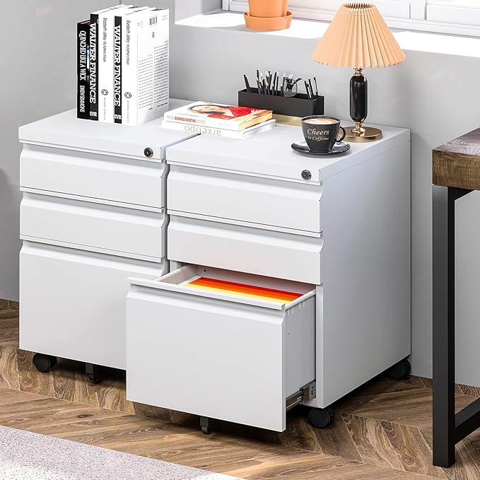 Yizosh 3 Drawer Mobile File Cabinet with Lock, White Under Desk Rolling Filing Cabinet, Metal Locking File Cabinet on Wheels for Legal/Letter/A4 File (Required Assemble)