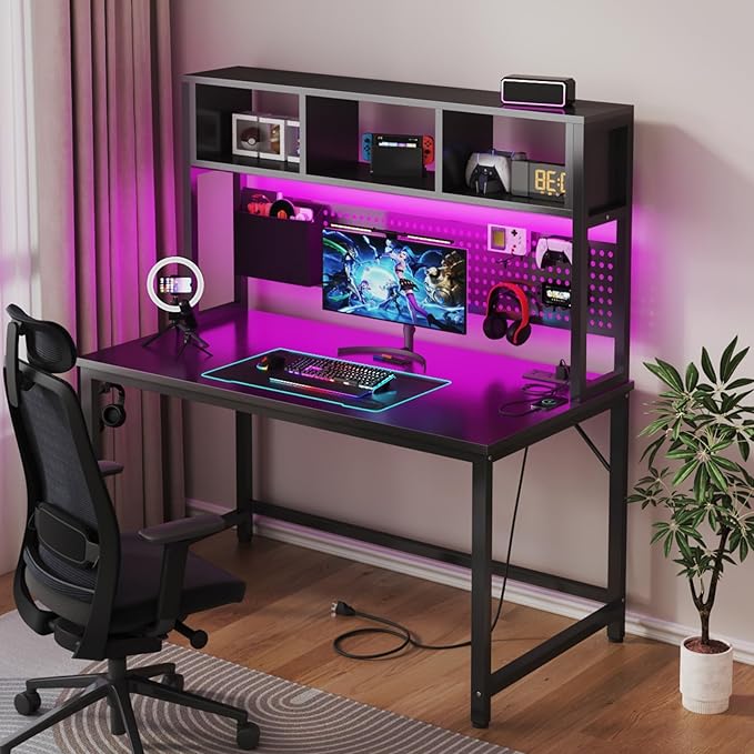 DLisiting Black Gaming Desk with Hutch and Pegboard - 47 Inch Gaming Desk with Shelves Storage Power Outlets, Computer Teen Work Study Writing Desks for Bedroom Home Office