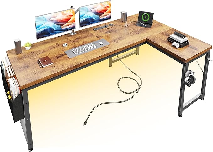 L Shaped Desk with 0.95 Inch Thicker Desktop & Storage Bag, Computer Desk with Power Outlets & Lights, Reversible Gaming Desk for Home Office, Corner Desk, Study Room, Living, Bedroom, Brown