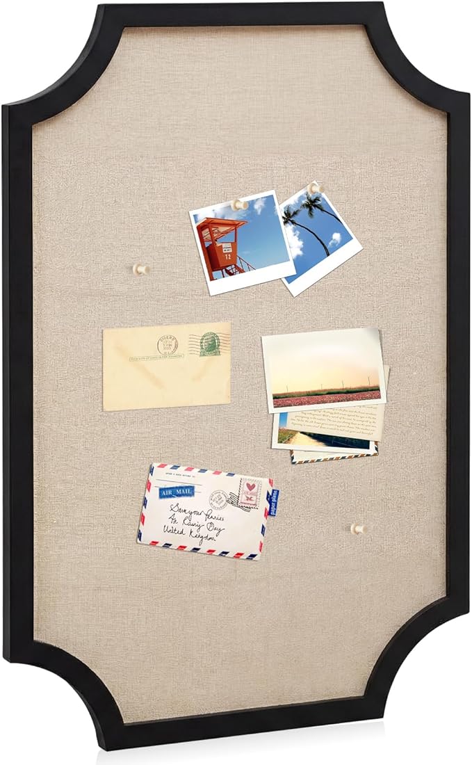 Vintage Framed Pin Board Linen Display Bulletin Board Large Cork Fabric Picture Photo Pinboard Memo Ornate Decorative Pinboard Ornate for Wall Gift(Scalloped,24" X 36",Black)