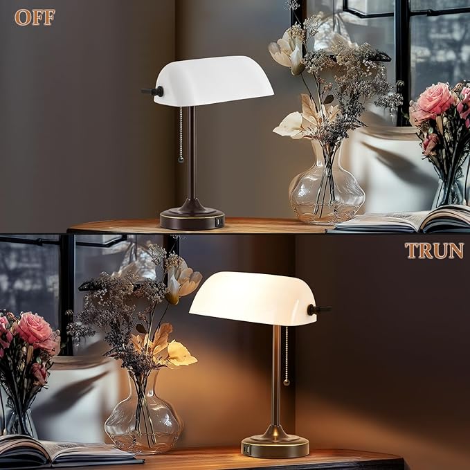 Vintage Desk Lamp Bankers Lamp - Plastic Lampshade Brown Retro Table Lamp with USB & Type C Charging Ports Traditional Library Lamp for Home Office Bedroom Nightstand Side Table Lamp(Bulb Included)
