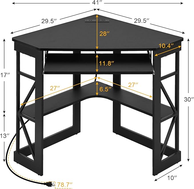 VECELO Corner Computer Desk 41x30 inches with Charging Station & Keyboard & Storage Shelves for Small Space,Triangle Table for Home Office Bedroom,Black