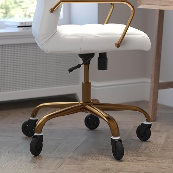 Flash Furniture Whitney High Back White LeatherSoft Executive Swivel Office Chair with Gold Frame, Arms, and Transparent Roller Wheels