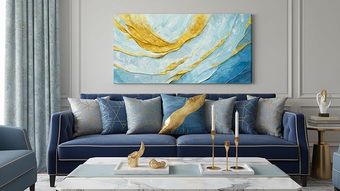 Nicetop Extra Large Abstract Canvas Wall Art for Living Room – Oversized Blue and Yellow Art Print Modern Horizontal Contemporary Artwork Coastal Wall Picture Bedroom Home Office Decor 58x29 Inch