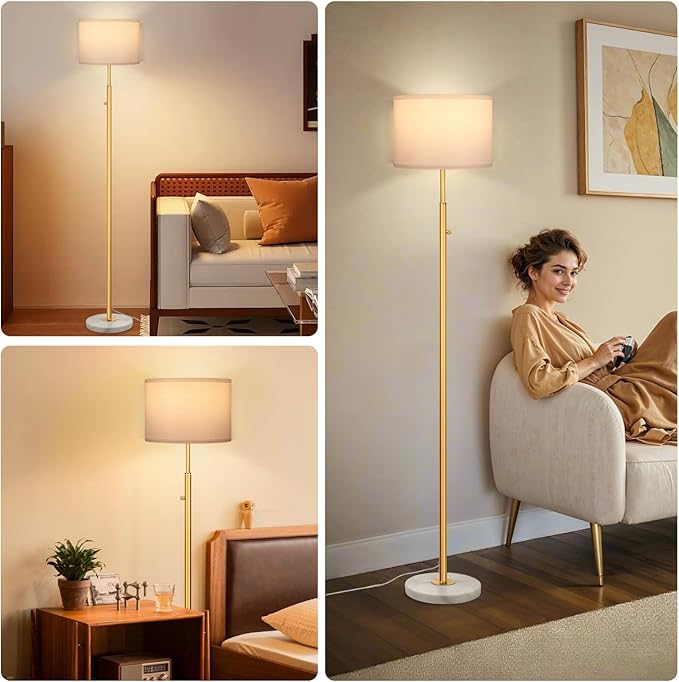 Gold Marble Floor Lamp, Dimmable Tall Standing Lamp with White Linen Shade, 63.7" Modern Gold Floor Lamp for Living Room Bedroom Office, 9W LED Bulb Included