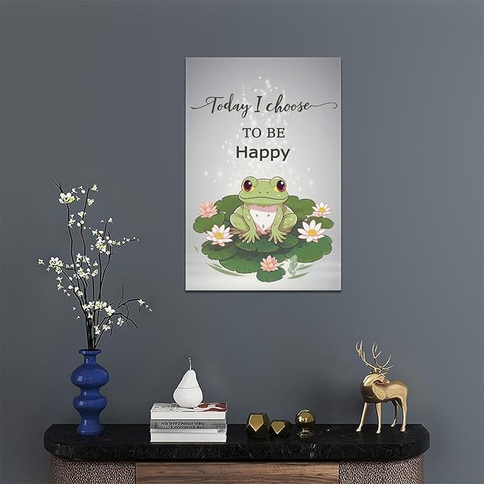 yerretin Frog Wall Art Funny Frog Lotus Pictures Wall Decor Flower Canvas Painting Modern Artwork Home Decorations for Bathroom Living Room Bedroom Office Framed 16"x24"