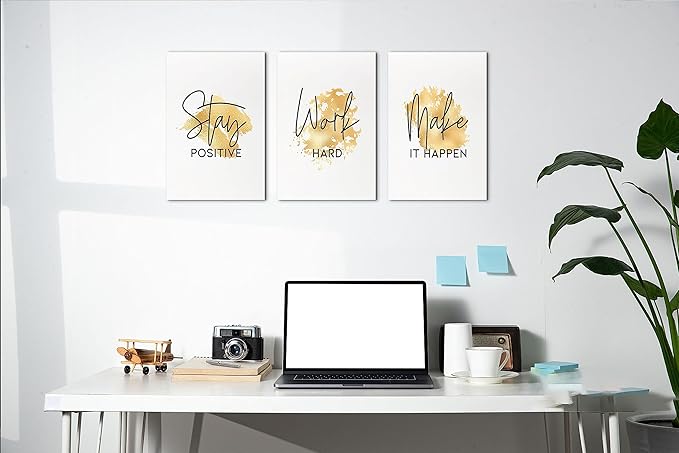 SHMAO Gold Office Canvas Wall Art Motivational Wall Decor, 3 Piece Stay Work Make Print Pictures for Office Wall Decor Women Inspirational Framed Artwork Home Office Decor 12”x18”x3 Panels