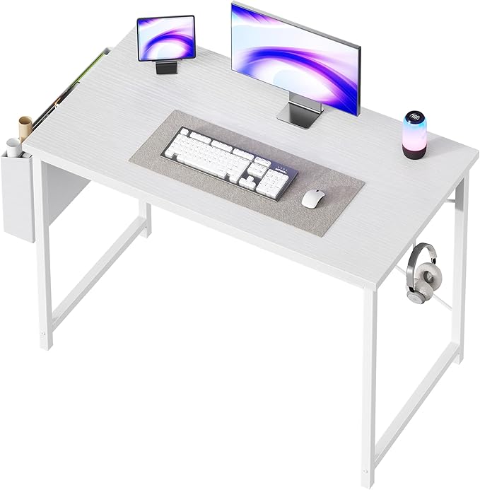 OLIXIS Computer Desk 44 Inch Home Office Desks for Small Spaces, Gaming Writing Study Work Table with Storage Bag and Headphone Hook for Bedroom, White