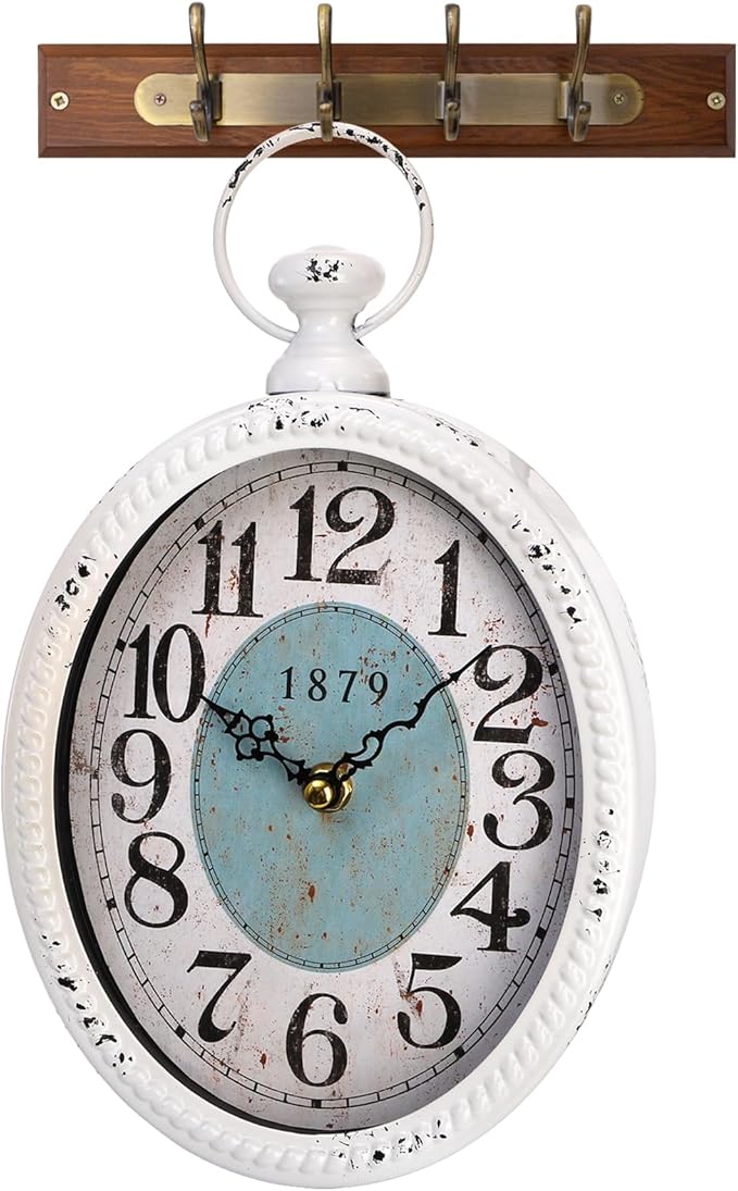 ZENFUN Oval Retro Wall Clock, Rustic Silent Clocks, Elegant Vintage Style, White Antique Design, Battery Operated Non Ticking Wall Clock for Kitchen,Farmhouse, Office(11.2" H x 6.7" W)
