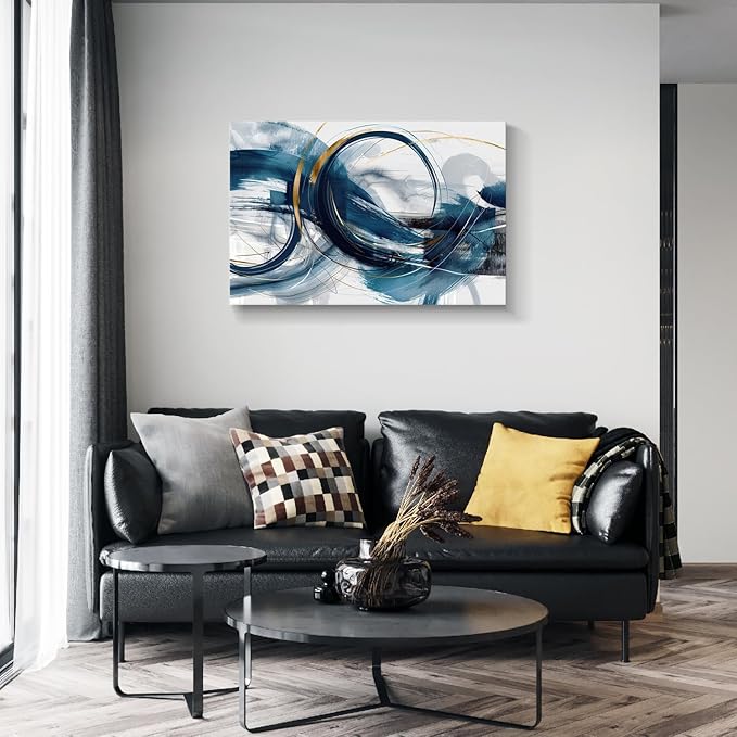 gaosoul Modern Abstract Canvas Wall Art Dynamic Blue Gold Lines Doodled on White Background Paintings Framed Minimalism Artwork Prints for Living Room Bedroom Office Decor 36x24in
