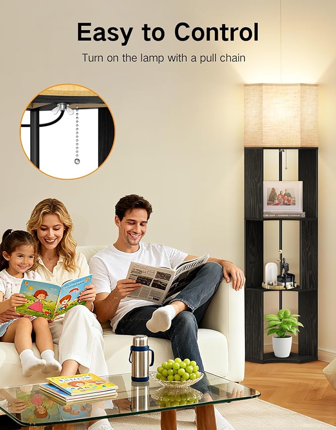 OUTON Floor Lamp with Shelves, Modern Tripod Standing Shelf Lamp with 3 Color Temperature Bulb, Storage Display Wood Column Tall Bookshelf Lamp for Living Room, Bedroom Office, Black