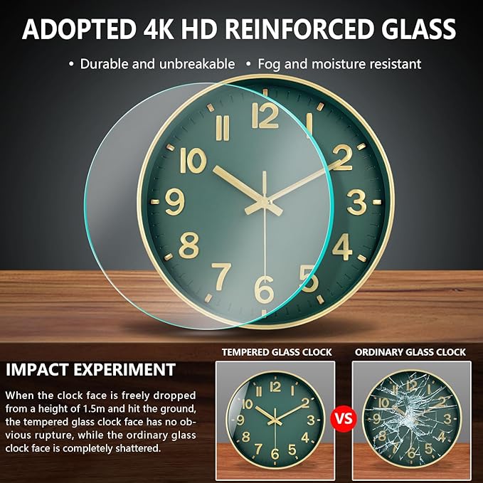 Wall Clock, 8 Inch Wall Clocks Battery Operated, Modern Non Ticking Silent Digital Analog Small Wall Clock for Bedroom Living Room Kitchen Office Gym Classroom Outdoor Clocks, Gold Green