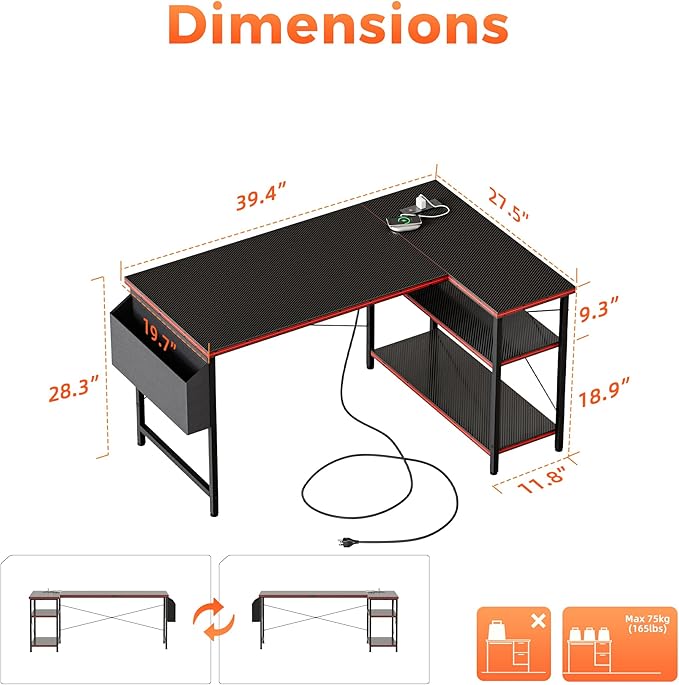 Mericonia Small L Shaped Computer Desk with Power Outlets, Reversible Gaming Desk with Storage Shelves, Corner Gamer Desk Table, Study Writing Table