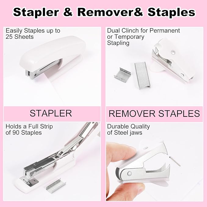 Desk Organizers and Accessories Set with 360-Degree Rotating Pen Holder, Tape Dispenser, Stapler, Staple Remover, 1000 Staples, Tape, Clips Set, Ruler, Scissor, Pen