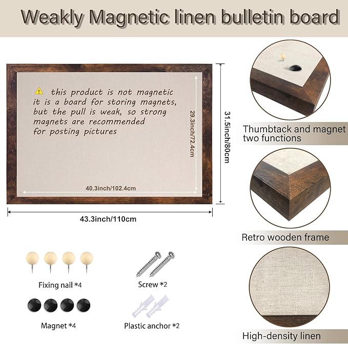 Large Magnetic Bulletin Board 43 x 31 Inch for Wall,Rustic Framed Cork Board with Linen for Home Office School,with 4 Push pins, 4 Magnets