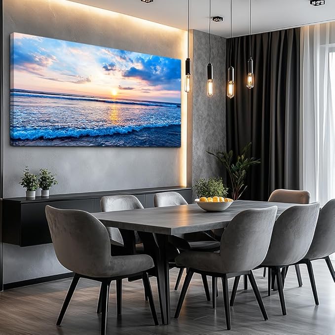 hyidecorart Ocean Wall Art for Living Room, Blue Wave and Large Coastal Beach Canvas Wall-Decor for Bedroom,Large Blue Artwork for Walls Gold Sun Scenery Pictures for Hallway Office Kitchen 30" x 60"